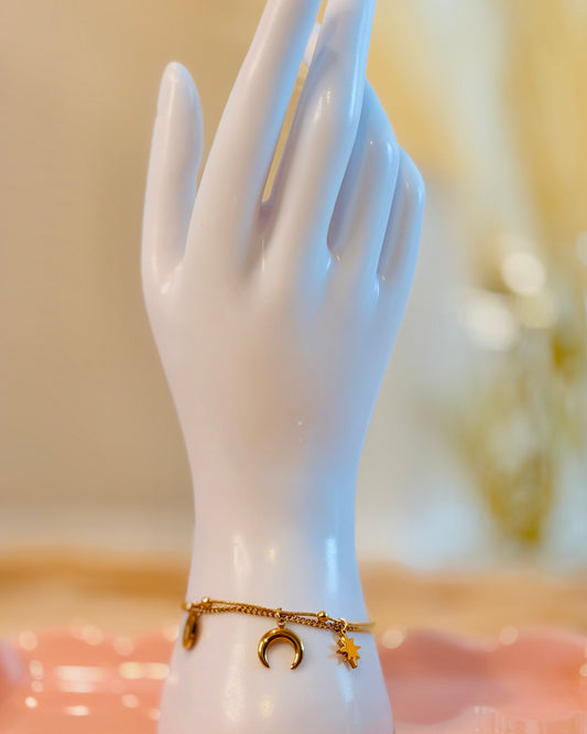 Astra| 18k Gold Plated| Anti Tarnish Sun Moon Charm Bracelet